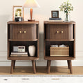 Decofy Fluted Nightstand Set of 2, Mid Century Modern Bedside Table with Charging Station, Walnut End Tables with Sliding Tambour Doors, Storage Cabinet and Open Shelf for Bedroom, Walnut