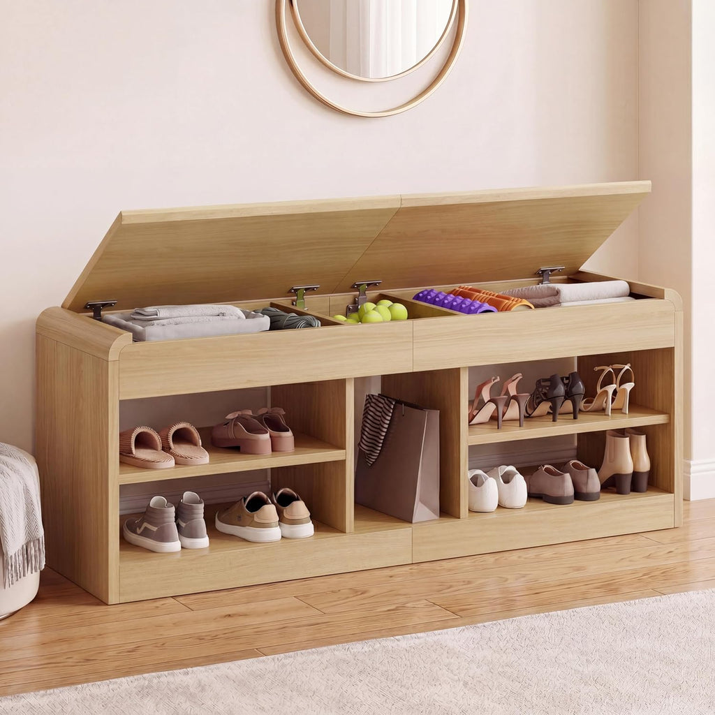 Shoe Storage Bench, 47.2in Entryway Bench with Flip-Open Storage Box, 2 Tier Shoe Rack Organizer with Shelf, Entryway Cabinet for Hallway Living Room Bedroom, Natural