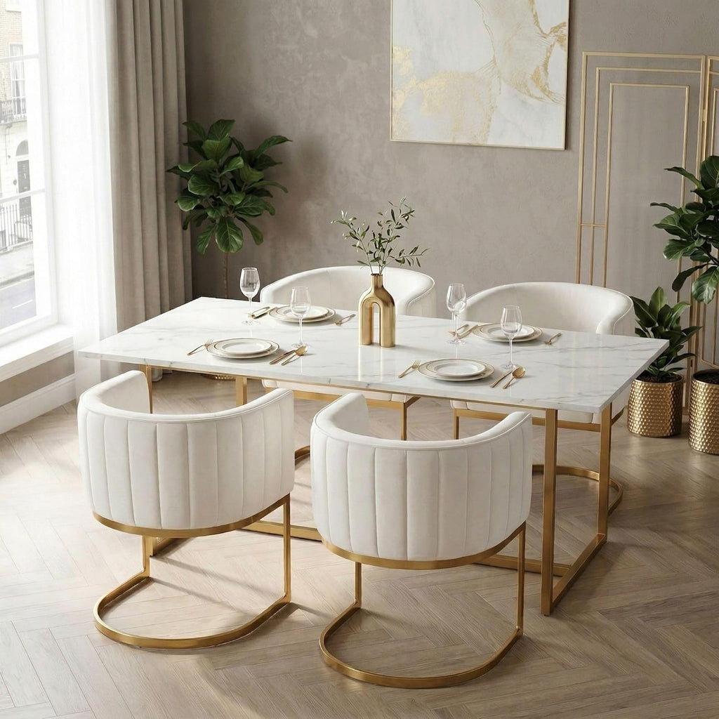 Hyfirm Beige and Gold Barrel Dining Room Chairs Set of 4, Modern Velvet Upholstered Accent Chairs with Curved Back for Kitchen Island, Luxury Comfort Seating Cantilever Metal Frame