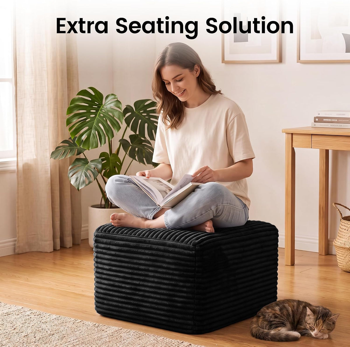 27.6" Floor Ottoman, Plush Corduroy Ottoman Foot Rest for Couch in a Box, Compressed Soft Foam Footrest No Assembly Require, Large Square Footstool for Living Room, Bedroom, Black