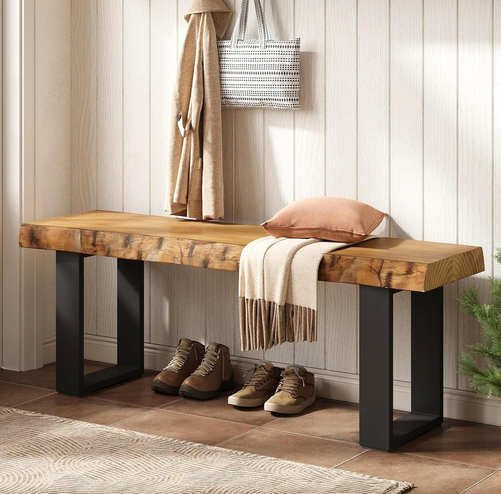 Solid Wood Dining Bench, 47'' Industrial Entryway Bench with Black Metal Legs, Narrow Long End of Bed Bench for Bedroom, Kitchen, Living Room, Hallway, Easy Assembly