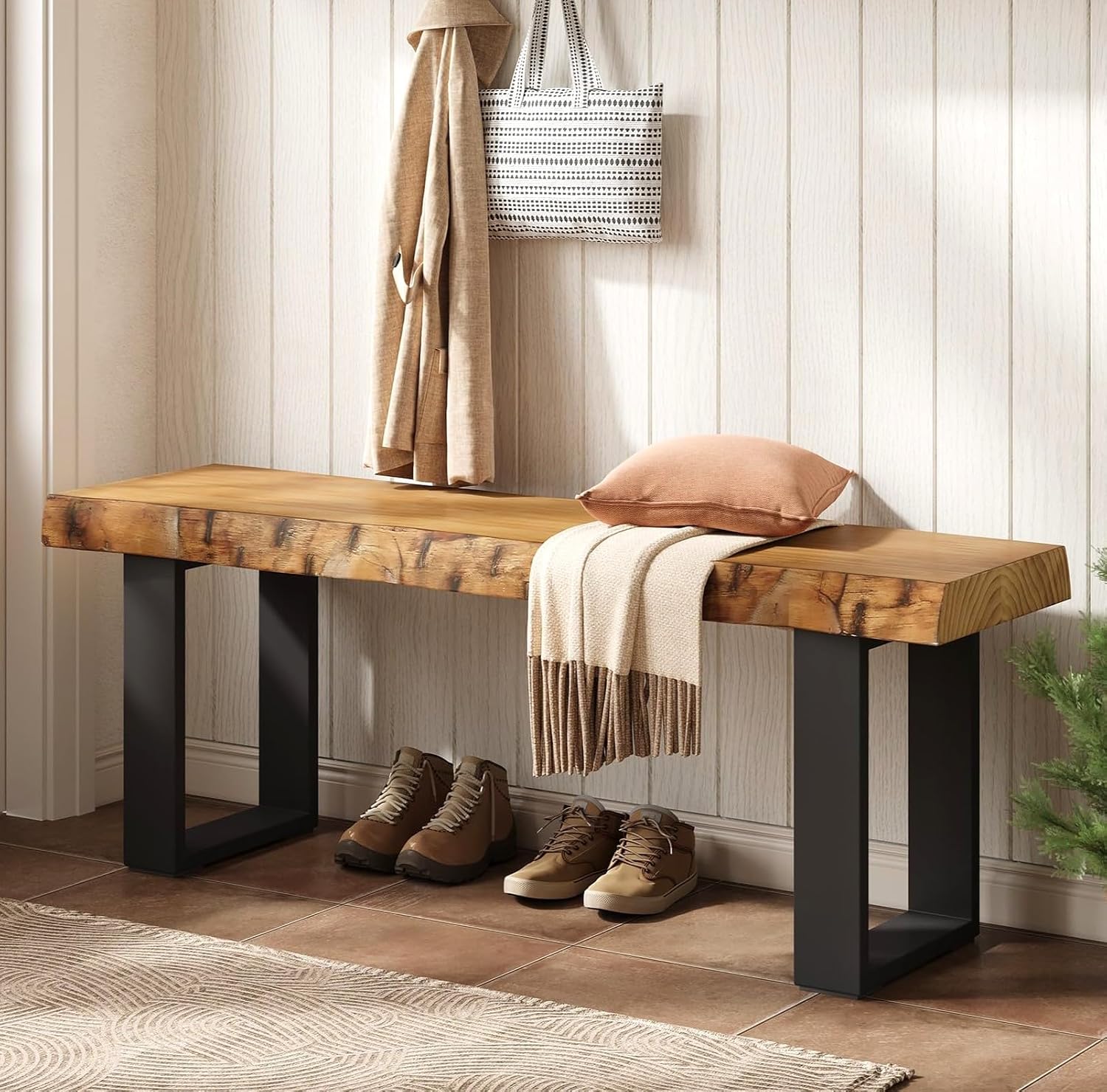 Solid Wood Dining Bench, 47'' Industrial Entryway Bench with Black Metal Legs, Narrow Long End of Bed Bench for Bedroom, Kitchen, Living Room, Hallway, Easy Assembly