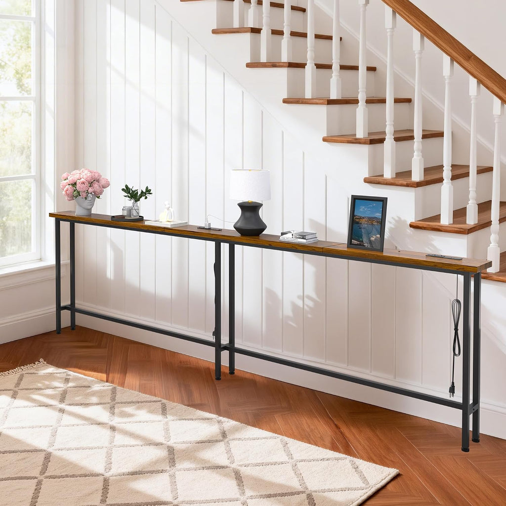 GRLEAF 102" Sofa Table with Built-in Power Strip (4 AC Outlets & 4 USB Ports) – 4.9ft Power Cord, Metal Frame, Easy Assembly, Long Couch Table Behind Sofa, Living Room and Home Office | Rustic Brown