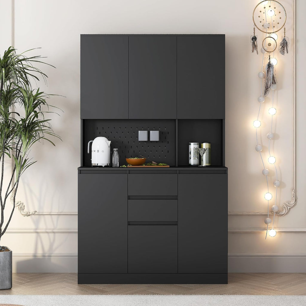 roomfitters 74" Kitchen Pantry Cabinet with Charging Station & USB Ports, Large Food Storage Cupboard, Microwave Stand, Black