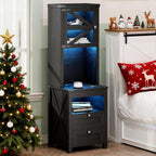 Farmhouse Tall Night Stand with Charger Station, Bedside Table with Shelves, LED Nightstand with Gun Drawer, Black