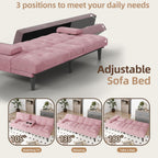 JAMFLY Futon Sofa Bed, 64" Small Futon Couch with Adjustable Backrest, 3-Angle Recliner, Detachable Armrests with Cup Holders for Small Spaces (Pink Velvet)