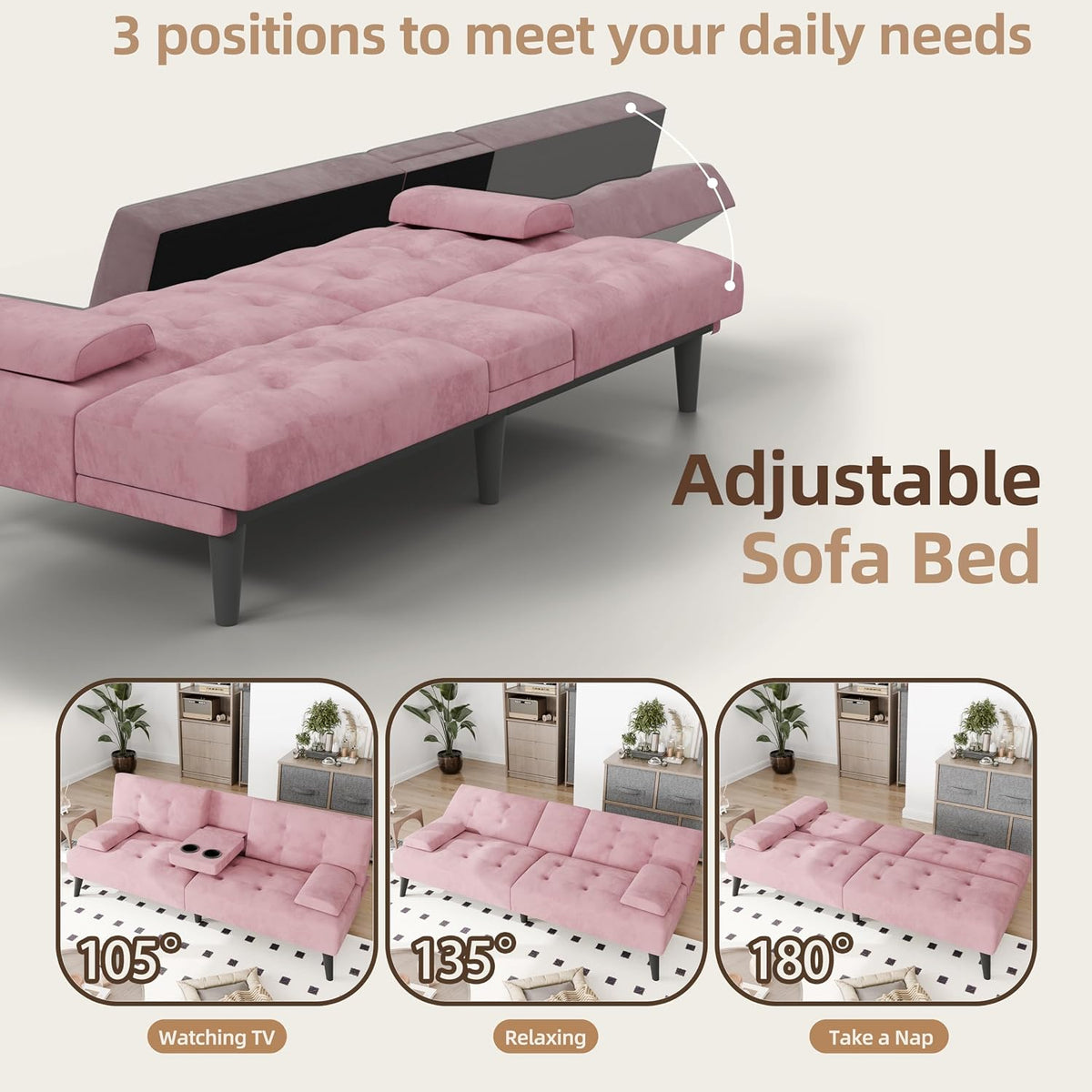 JAMFLY Futon Sofa Bed, 64" Small Futon Couch with Adjustable Backrest, 3-Angle Recliner, Detachable Armrests with Cup Holders for Small Spaces (Pink Velvet)