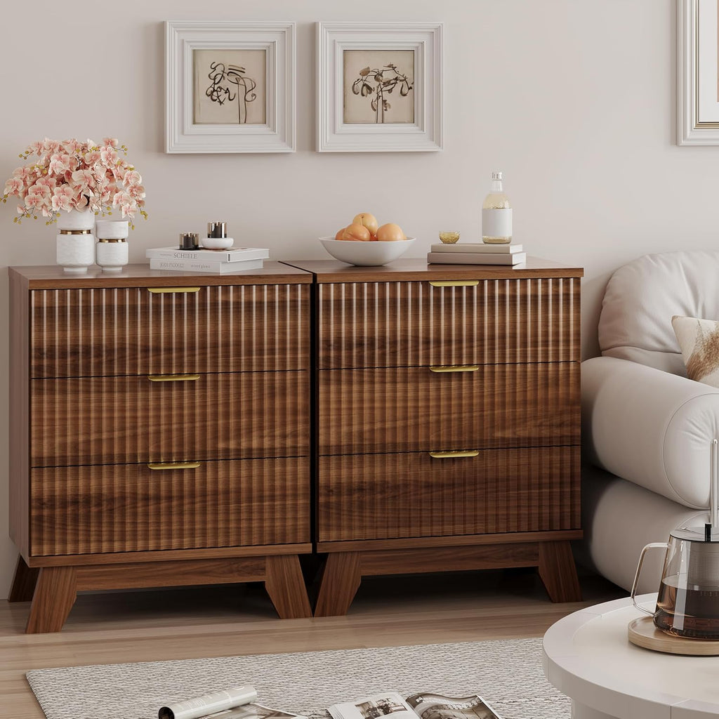 Xixini Fluted Nightstand, 24" Wide Side Table with 3 Large Storage Drawers, Mid Century Modern Wood Night Stand with Metal Handle, Wooden Bedside End Table for Bedroom, Walnut