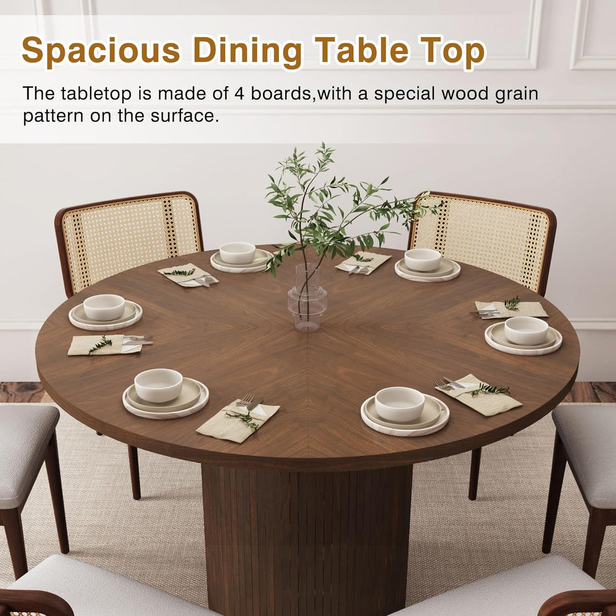 QHITTY Fluted Round Dining Table, 47-inch Wood Kitchen for 4, Farmhouse Circle Table with Strip Base for Kitchen, Living Room, Walnut