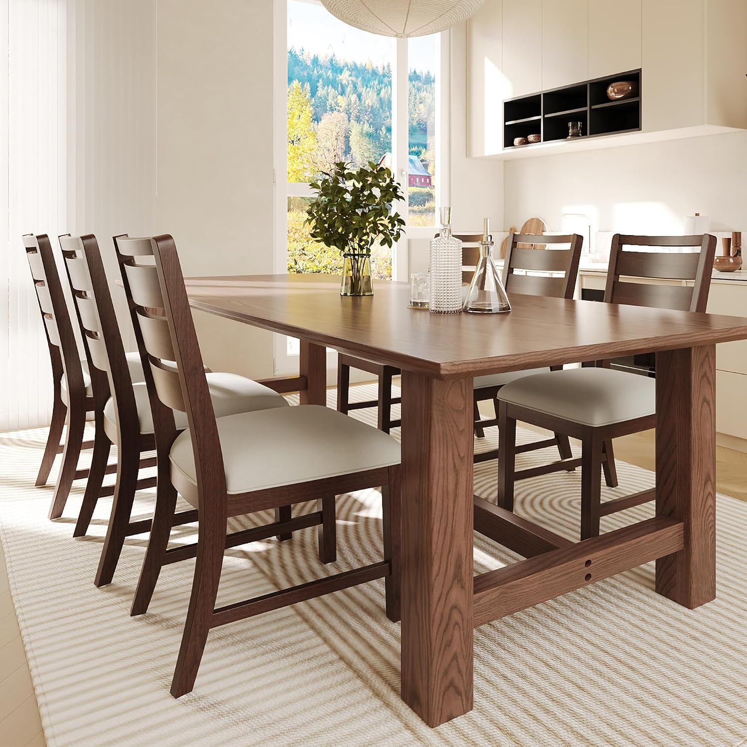 COLAMY Wooden Dining Chairs Set of 6, Farmhouse Upholstered Dining Room Chairs with 3.5" Thick Cushion, FSC Solid Wood Ladder Back Kitchen Chairs for Home and Restaurant, Easy Clean,Brown