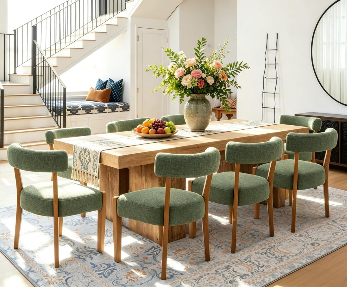 RNKSFX Upholstered Green Dining Chairs Set of 6, Walnut Wooden Kitchen & Dining Room Chairs, Mid Century Modern Fabric Farmhouse Dining Chairs Oversized Sturdy Rounded Chairs Curved Back