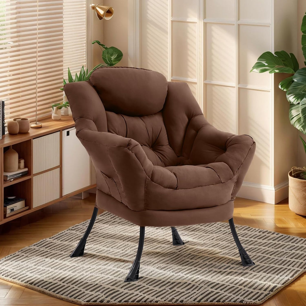 Furlide Lazy Chair for Living Room, Modern Accent Chairs with Armrests, Dark Brown Armchairs with Side Pocket, Cozy Lazy Sofa for Reading, Balcony, Bedroom, Dorm, Small Spaces