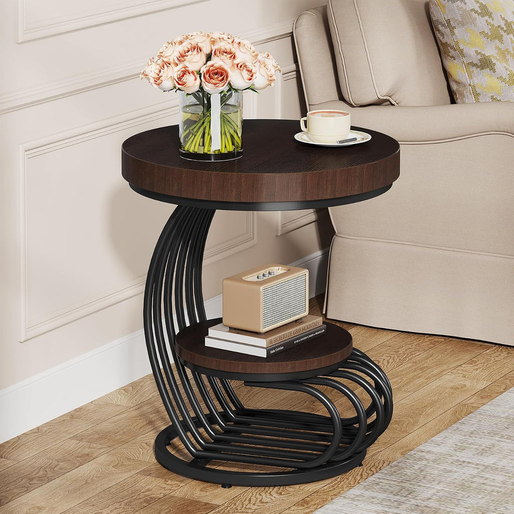 Tribesigns Round End Table, 2-Tier Farmhose Wood Side Table with Shelf Storage, Small Sofa Side Bedside Nightstand, Arc-Shaped Frame Accent Furniture for Living Room, Rustic Brown