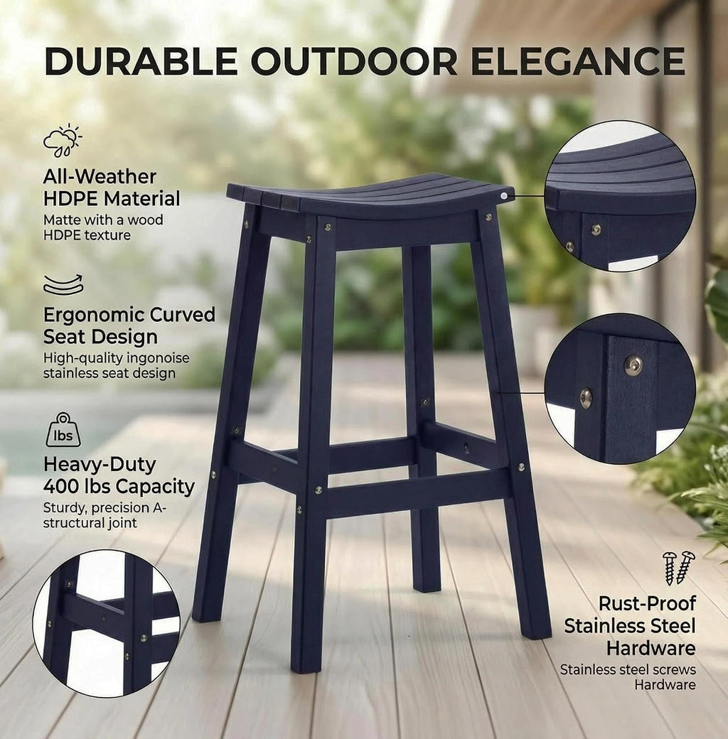 AMILY HDPE Bar Stool Set of 2, Outdoor Bar Height 29‘’, Heavy Duty All-Weather Patio Stool for Poolside, Backyard, Balcony, Easy Assembly (Blue)
