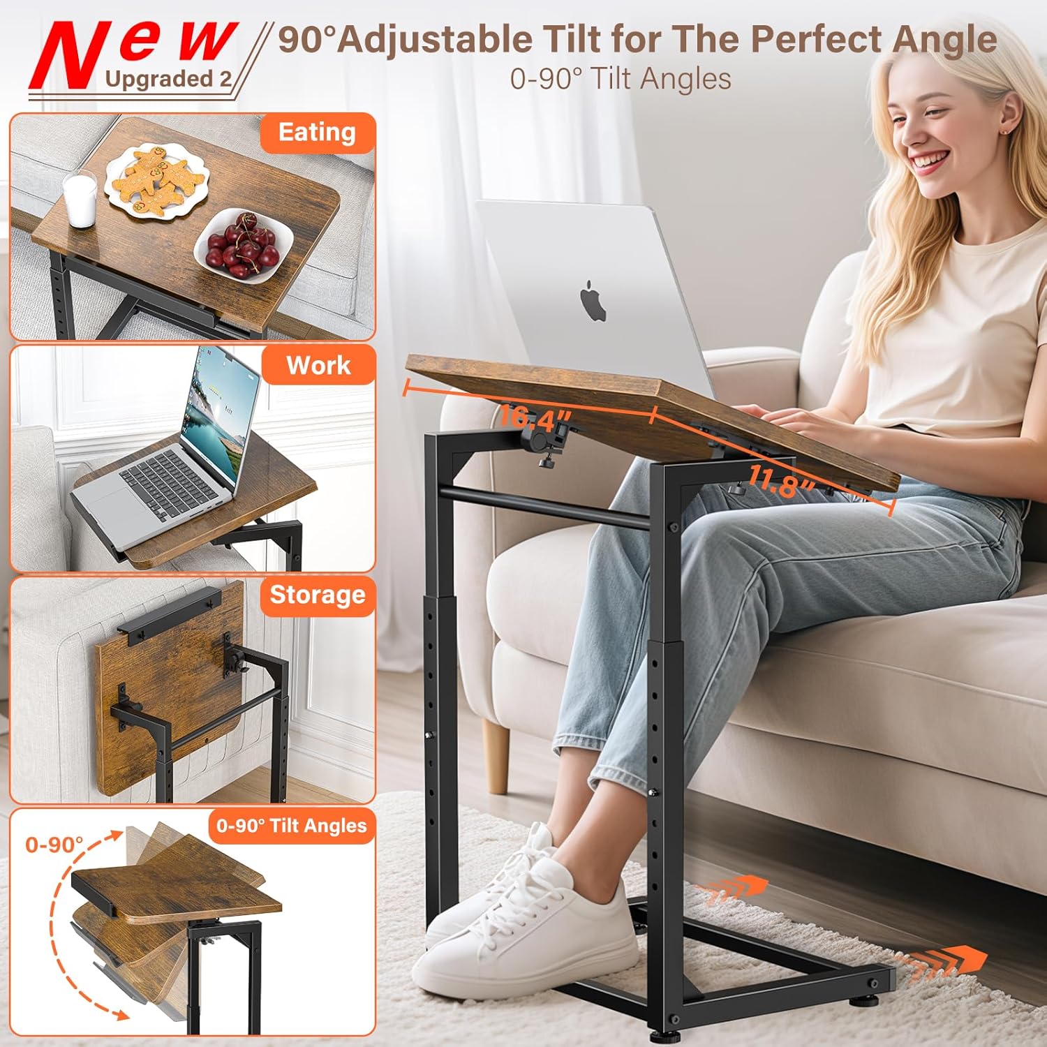 Tv Tray Table Set of 2, 8-Level Adjustable Height Couch Side Table，90° Tilt Angle Adjustments C-Shaped End Table, with Phone & Tablet Slot Sofa Computer Desk for Couch, Sofa, Bed, Chair, Living Room