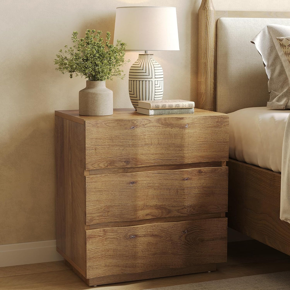 LITTLE TREE End Table with 3 Drawers, Fluted Nightstand, Farmhouse Bedside Table, Wood Nightstand, Small Bedroom Dresser, Rustic Wood End Table with Storage for Living Room, Bedroom, Closet, Natural