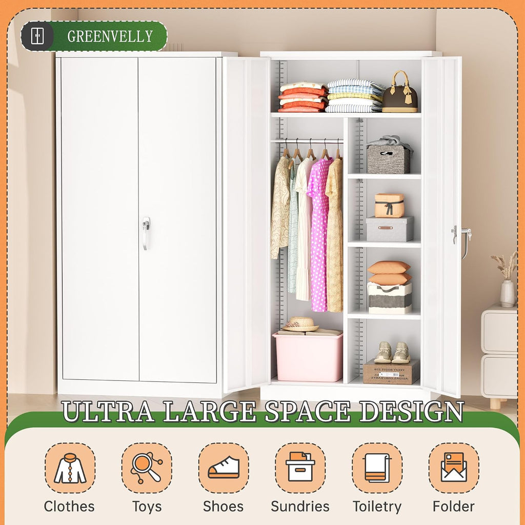 Greenvelly Metal Wardrobe Cabinet with Locking Doors, 72"H White Metal Wardrobe Closet with Hanging Rods and Adjustable Shelves, Clothing Storage Closet for Home, Office, Employee, Gym (16" D x 32" W)