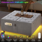 Dnxao Ottoman Coffee Table with Storage and Tray for Living Room, Gray | Tufted Velvet Large Square Ottoman with LED Lights and Charging Station, Multi-Functional Footrest with Storage Pockets