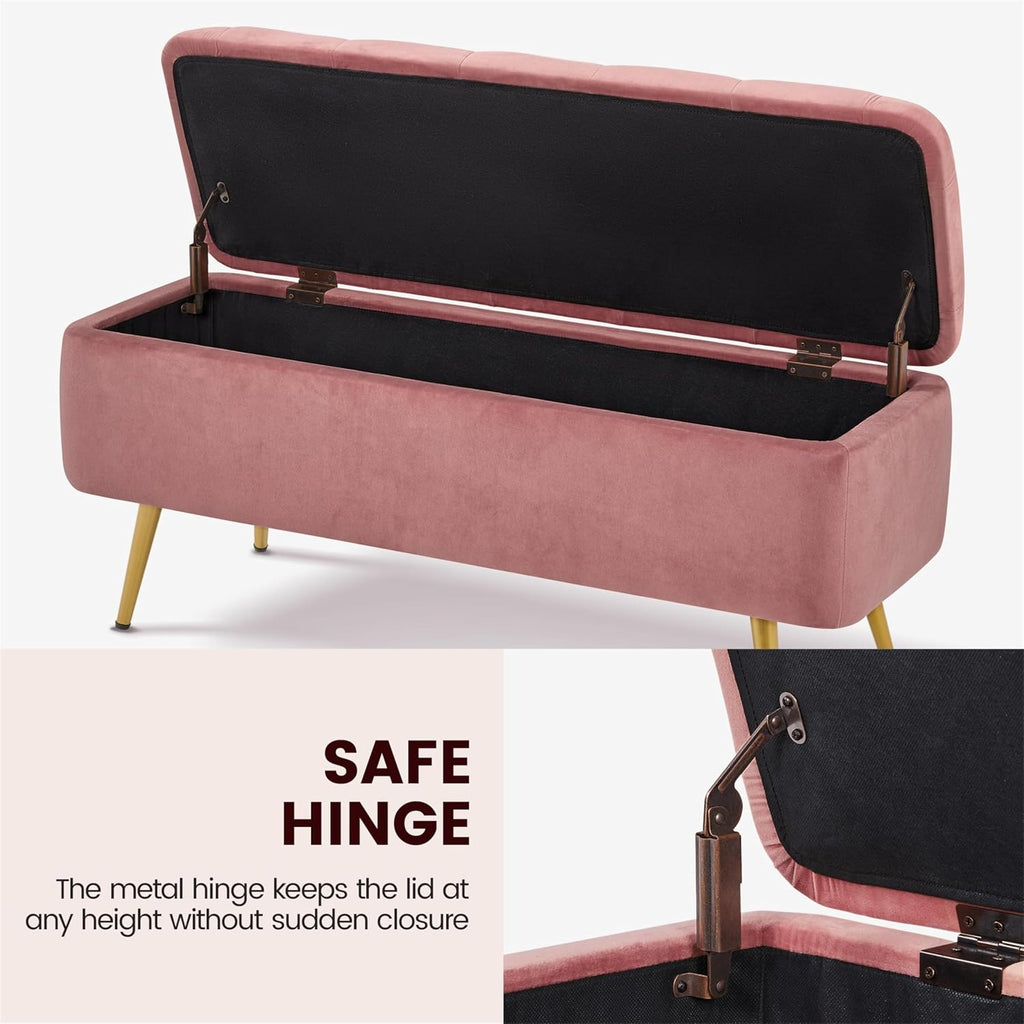Yaheetech 43in Velvet Storage Ottoman Bench for Bedroom End of Bed, Pink | Button-Tufted Ottoman with 1.9C Storage Space, Tapered Gold Metal Legs, Sized for Entryway Living Room Window Seat
