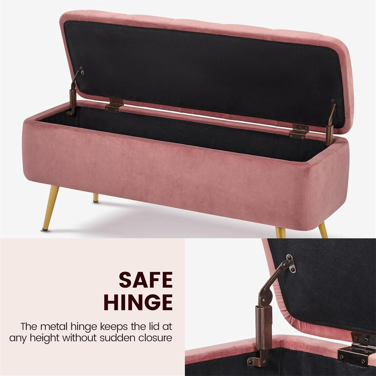 Yaheetech 43in Velvet Storage Ottoman Bench for Bedroom End of Bed, Pink | Button-Tufted Ottoman with 1.9C Storage Space, Tapered Gold Metal Legs, Sized for Entryway Living Room Window Seat