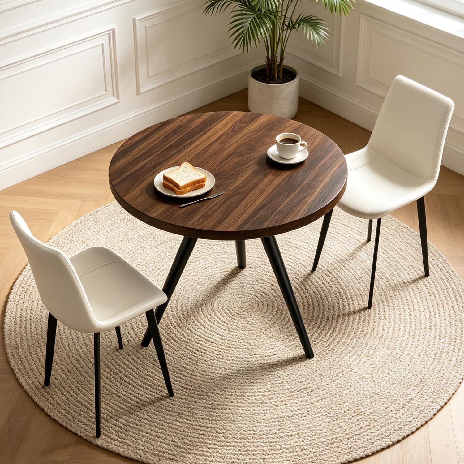 34.6" Round Dining Table Set for 2, Walnut Small Dining Room Set | Space-saving MDF Tabletop, 2 Beige PU Leather Chairs, Great for Modern Kitchen, Coffee, Restaurant, Office, Sturdy & Seamless