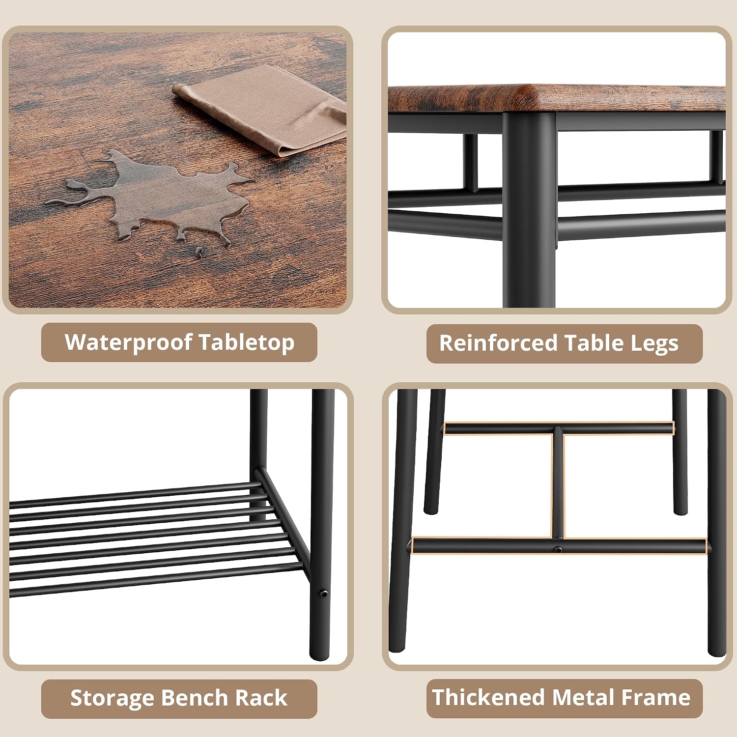 IRONCK Dining Table Set for 4, Kitchen Table and Chairs Set, Rustic Brown | Kitchen Table with Upholstered Bench and 2 Chairs for Small Space, Apartment