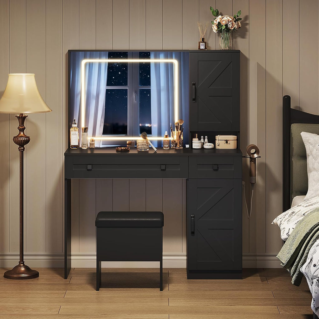 WLIVE Farmhouse Vanity Desk with LED Mirror & Stool, Black | Charging station (2AC+2USB), 3CCT lighted mirror, Sturdy FSC wood (165lbs), Hair dryer holder, W/ stool