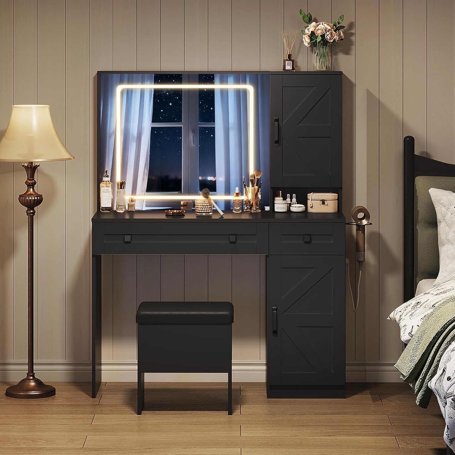 WLIVE Farmhouse Vanity Desk with LED Mirror & Stool, Black | Charging station (2AC+2USB), 3CCT lighted mirror, Sturdy FSC wood (165lbs), Hair dryer holder, W/ stool