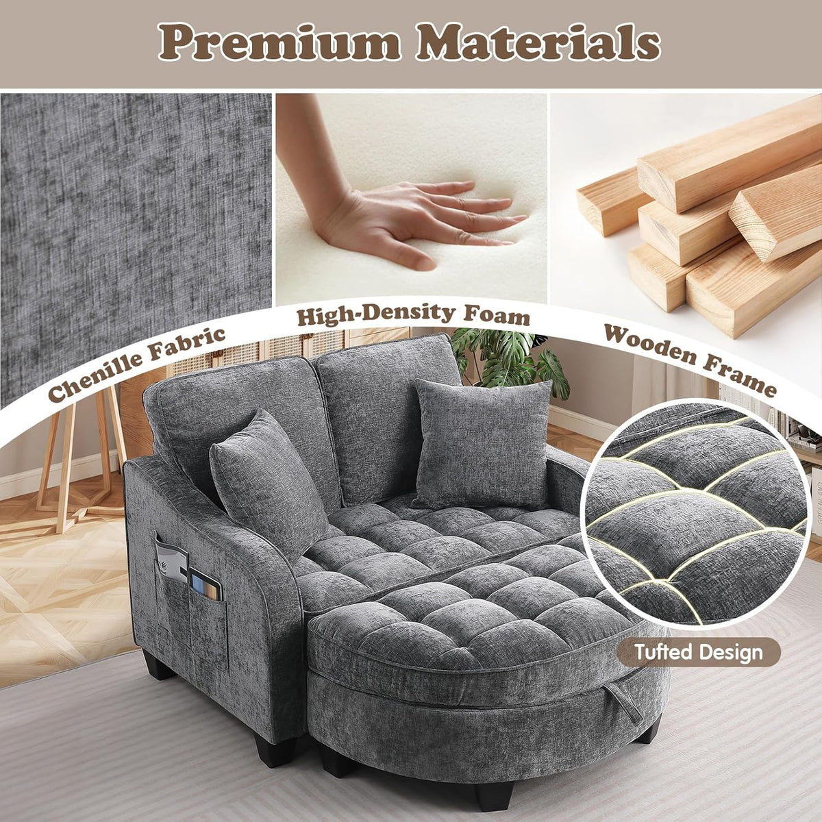 Oversized Chaise Lounge Chair Indoor with Ottoman, Chenille Tufted Comfy Loveseat Sofa Chair with Adjustable Backrest, Fluffy Recliner Sofa, Convertible Couch Sleeper Bed for Living Room(51"W, Grey)
