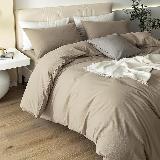JIYUAN 100% Washed Cotton Duvet Cover Set 3 Pieces Oversized King, 1 Duvet Cover 120x98 Inches(Comforter Not Included) and 2 Pillowcases,Linen Feel Bedding Set Comfy and Breathable,Khaki