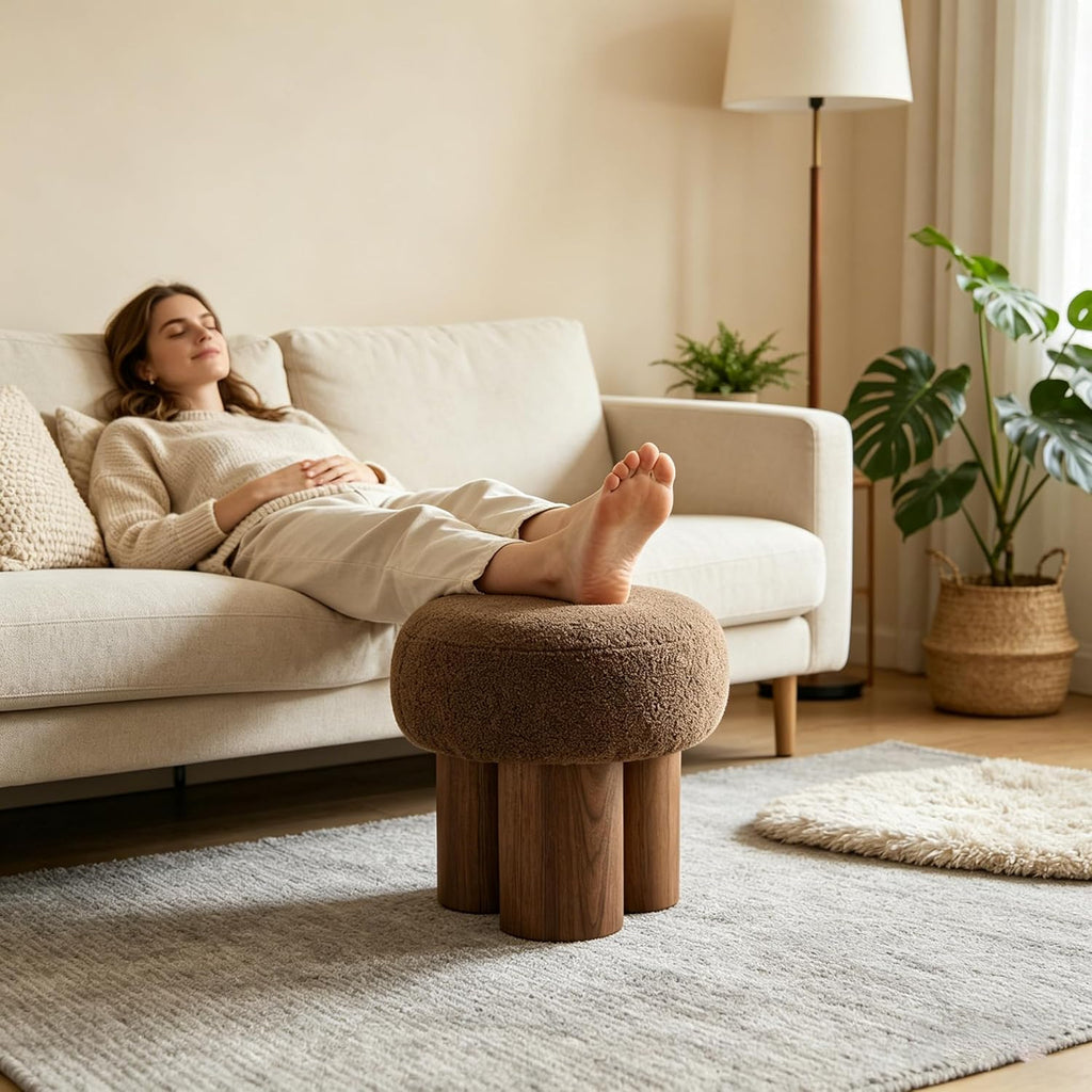 16.54''Mushroom Stool,Modern Fabric Ottoman Foot Rest,Teddy Round Foot Stool with Three Legs Under Desk,Small Stool for Living Room, Bedroom and Kitchen (Brown')