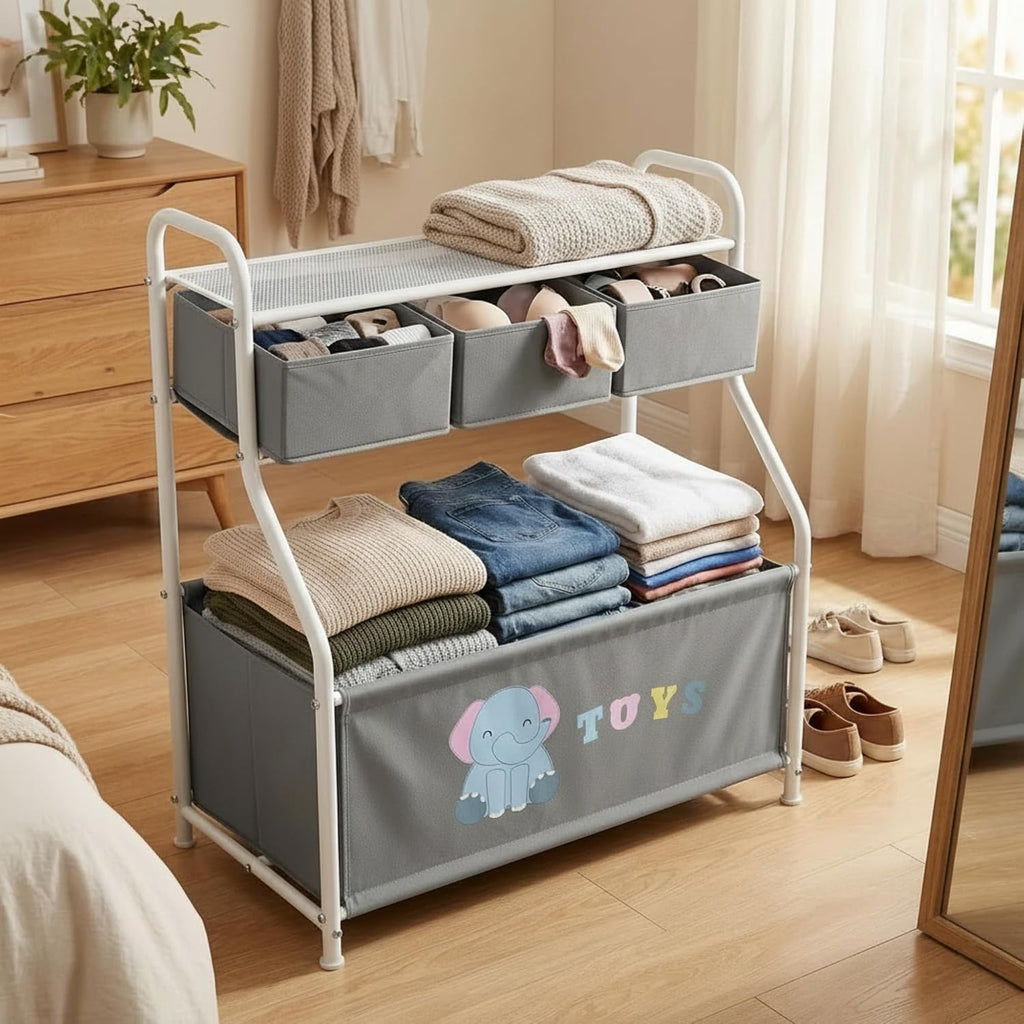 GRANNY SAYS Storage Cabinet with Shelves and Fabric Bins, 3-Tier Organizer Rack with Large Storage Box, Multi-Functional Standing Shelf for Living Room Bedroom Entryway, Gray