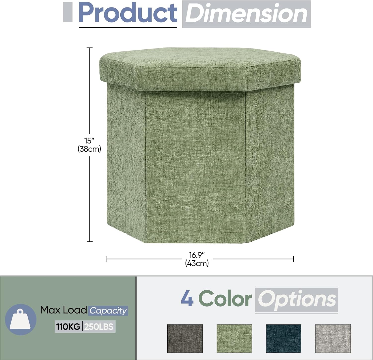 Hexagon Storage Ottoman, Foldable Chenille FootRest with Hidden Storage, Small Ottoman Footstool for Living Room, Bedroom, Dorm, Entryway, 15 x 16.9 x 15 Inches, Green