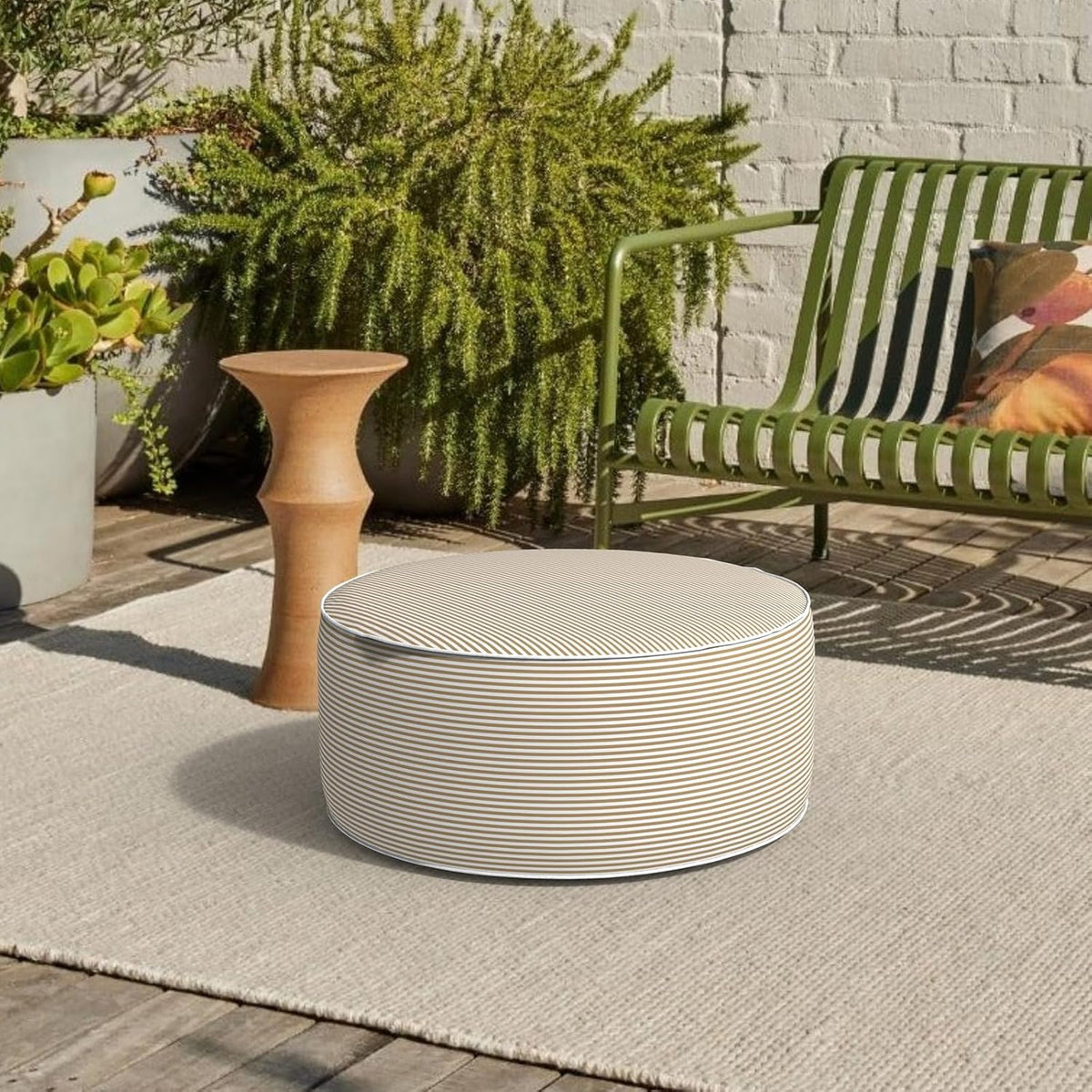Inflatable Stool Ottoman, Footrest Ottoman with Handle, Outdoor or Indoor Round Portable Stool for Patio Home Decoration, 21x9 Inch, Stripe Beige