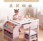 5-in-1 Kids Art Table and Chairs Set, Convertible Toddler Table and Chair Set with Art Easel, Paper Roll Holder, Storage Drawers and Craft Play Desk, Wooden Activity Learning Table for Kids, Pink