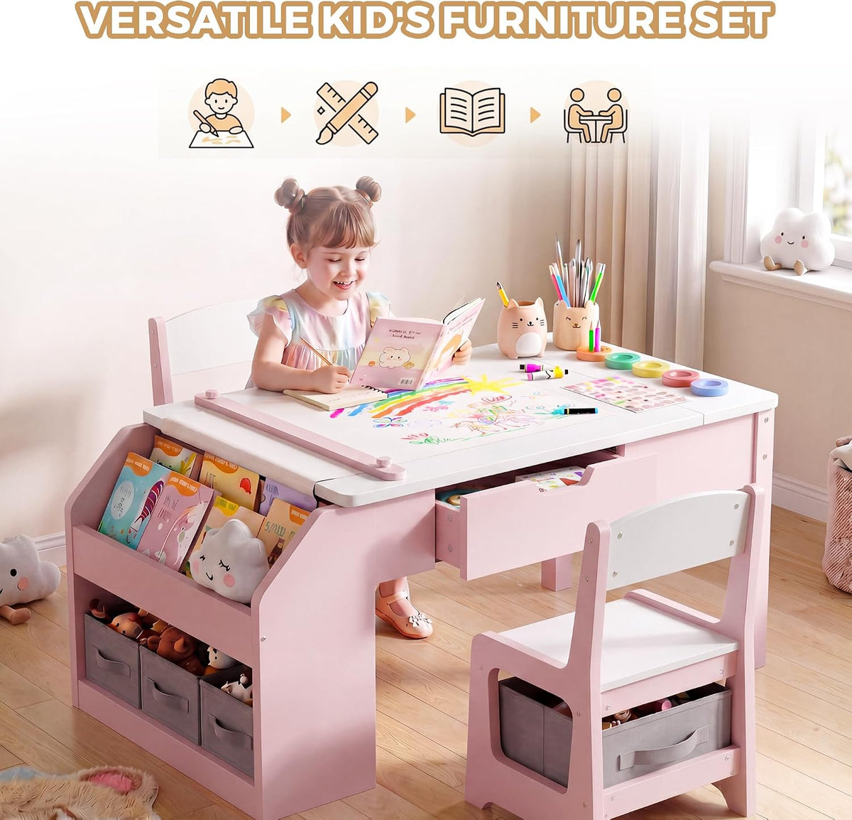 5-in-1 Kids Art Table and Chairs Set, Convertible Toddler Table and Chair Set with Art Easel, Paper Roll Holder, Storage Drawers and Craft Play Desk, Wooden Activity Learning Table for Kids, Pink