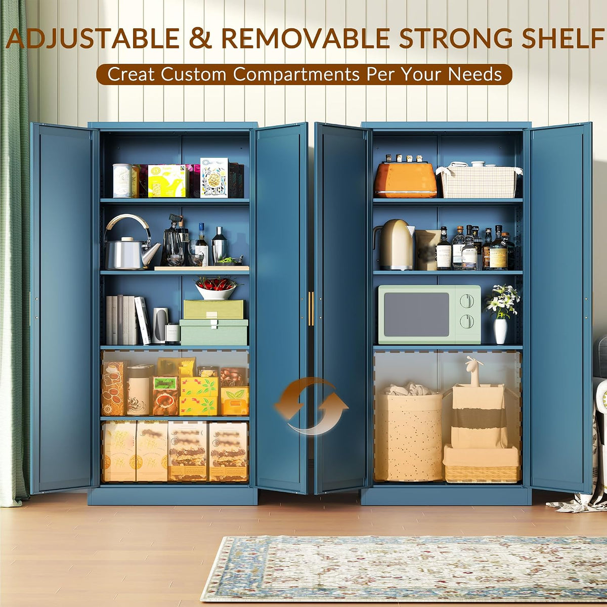 CJF Blue Kitchen Pantry Cabinet,71 Inch Tall Metal Storage Cabinet with 4 Adjustable Shelves and Doors, Freestanding Pantry Cabinet for Kitchen, Living Room, Dining Room, Bathroom, Easy to Assemble