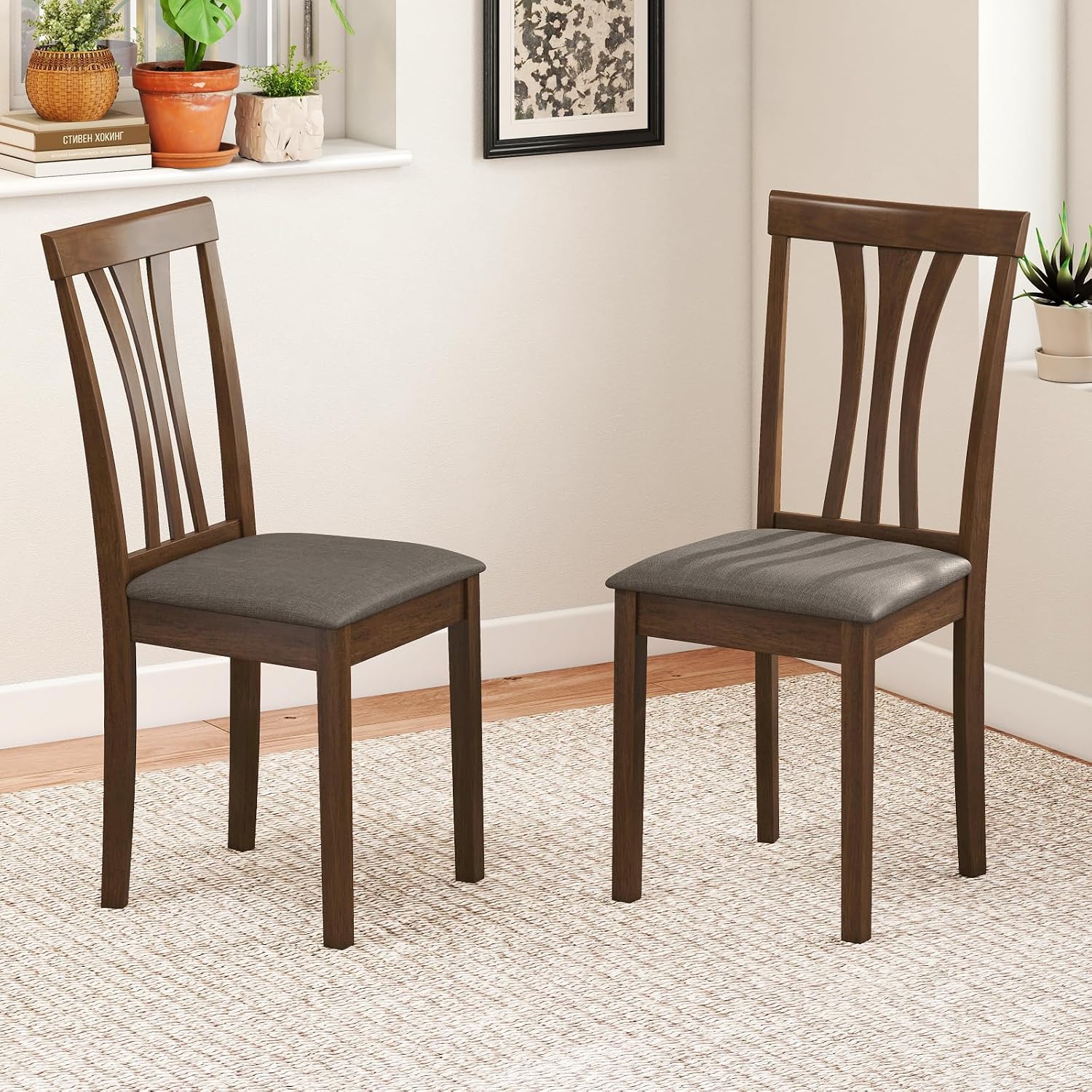 Giantex Wooden Dining Chairs Set of 2, Linen Fabric Upholstered Kitchen Armless Chair w/Rubber Wood Frame, Padded Seat, High Curved Back, Farmhouse Accent Side Chairs for Living Room (Brown+Gray)