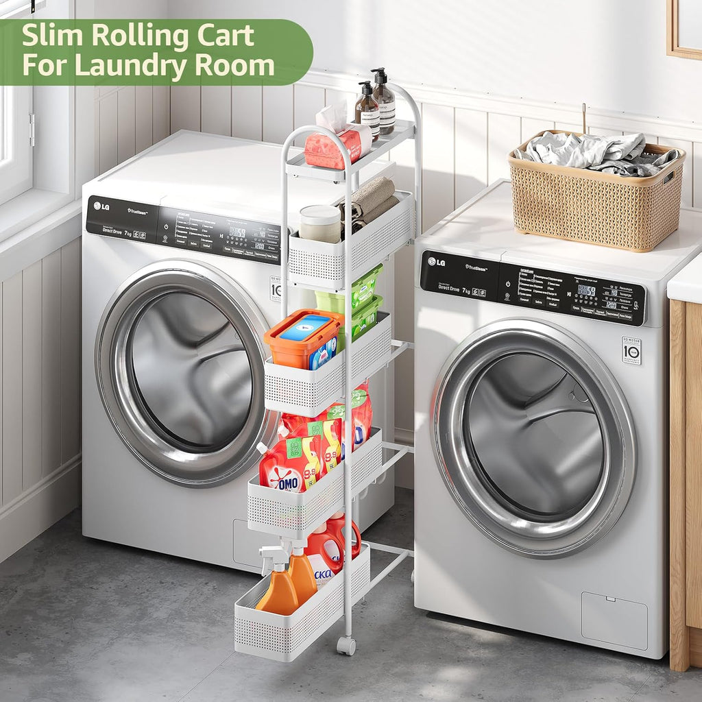 KINGRACK 5-Tier Slim Storage Cart with Pull Out Basket, Rolling Bathroom Organizer Utility, Metal Shelving Unit Slide Out, Lockable Wheels, Easy Assembly for Narrow Place, Kitchen, Laundry Room, White
