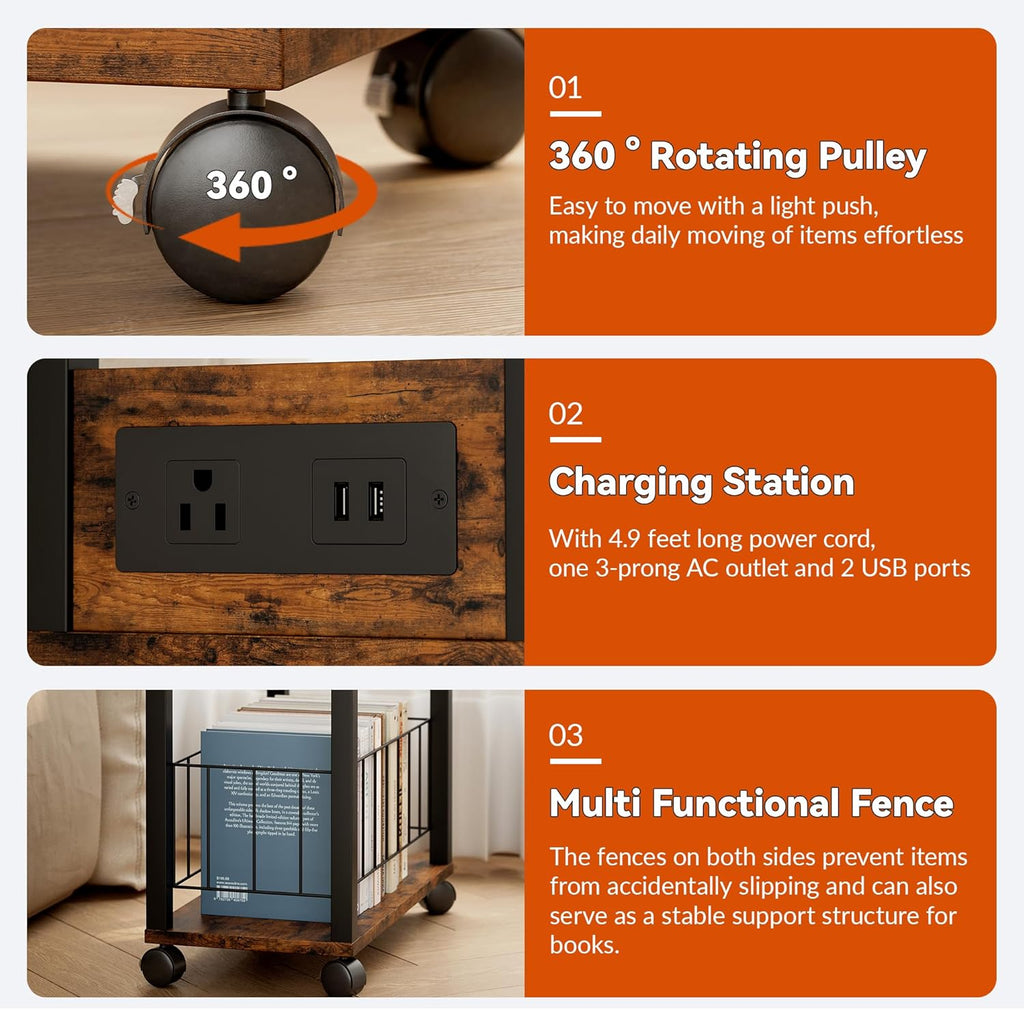 DGSANDGO Narrow Rolling Side Table with Charging Station (Outlets/USB Ports) & Storage Basket - Small Space End Table for Living Room Bedroom Office (Rustic Brown)
