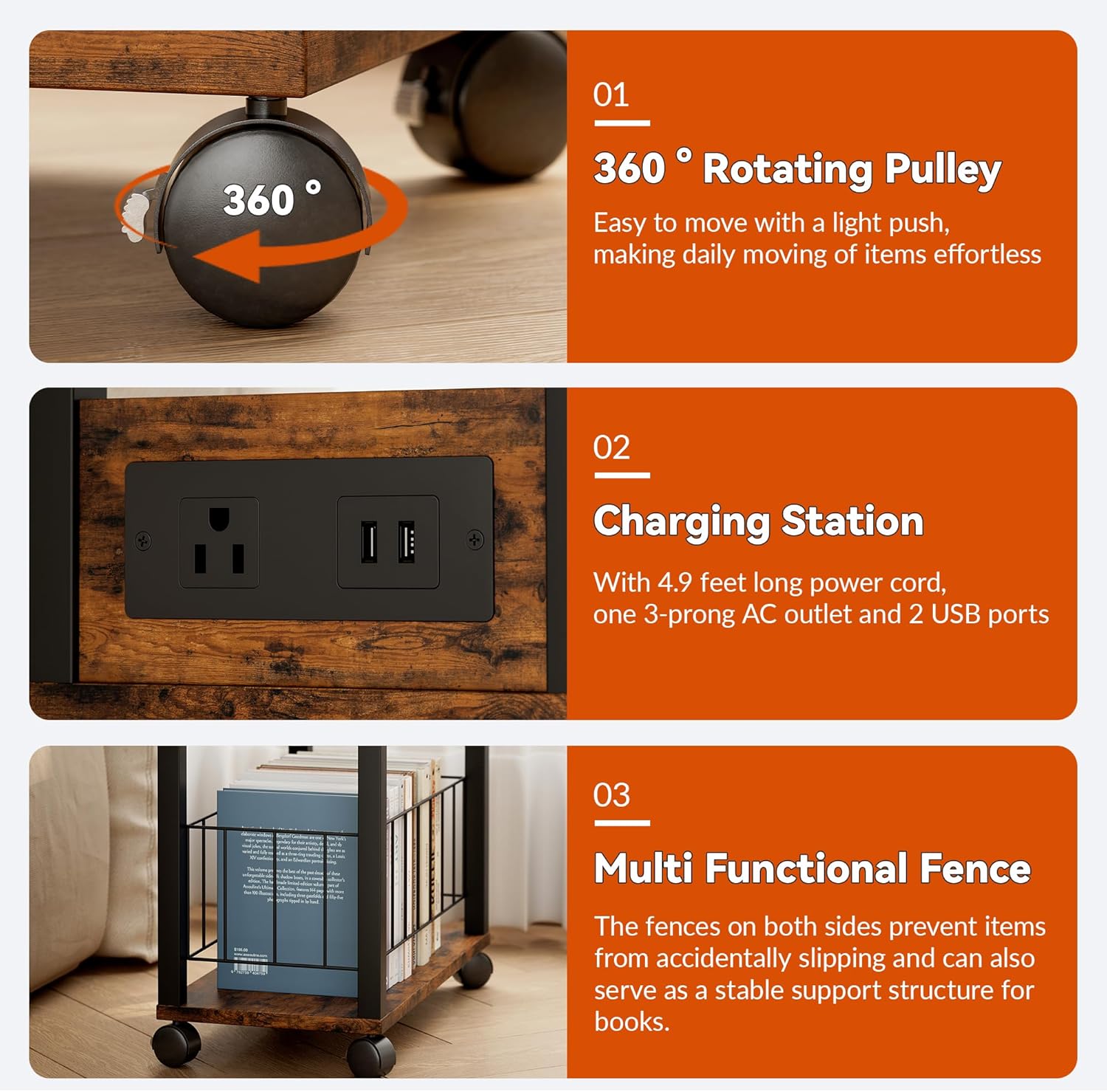 DGSANDGO Narrow Rolling Side Table with Charging Station (Outlets/USB Ports) & Storage Basket - Small Space End Table for Living Room Bedroom Office (Rustic Brown)