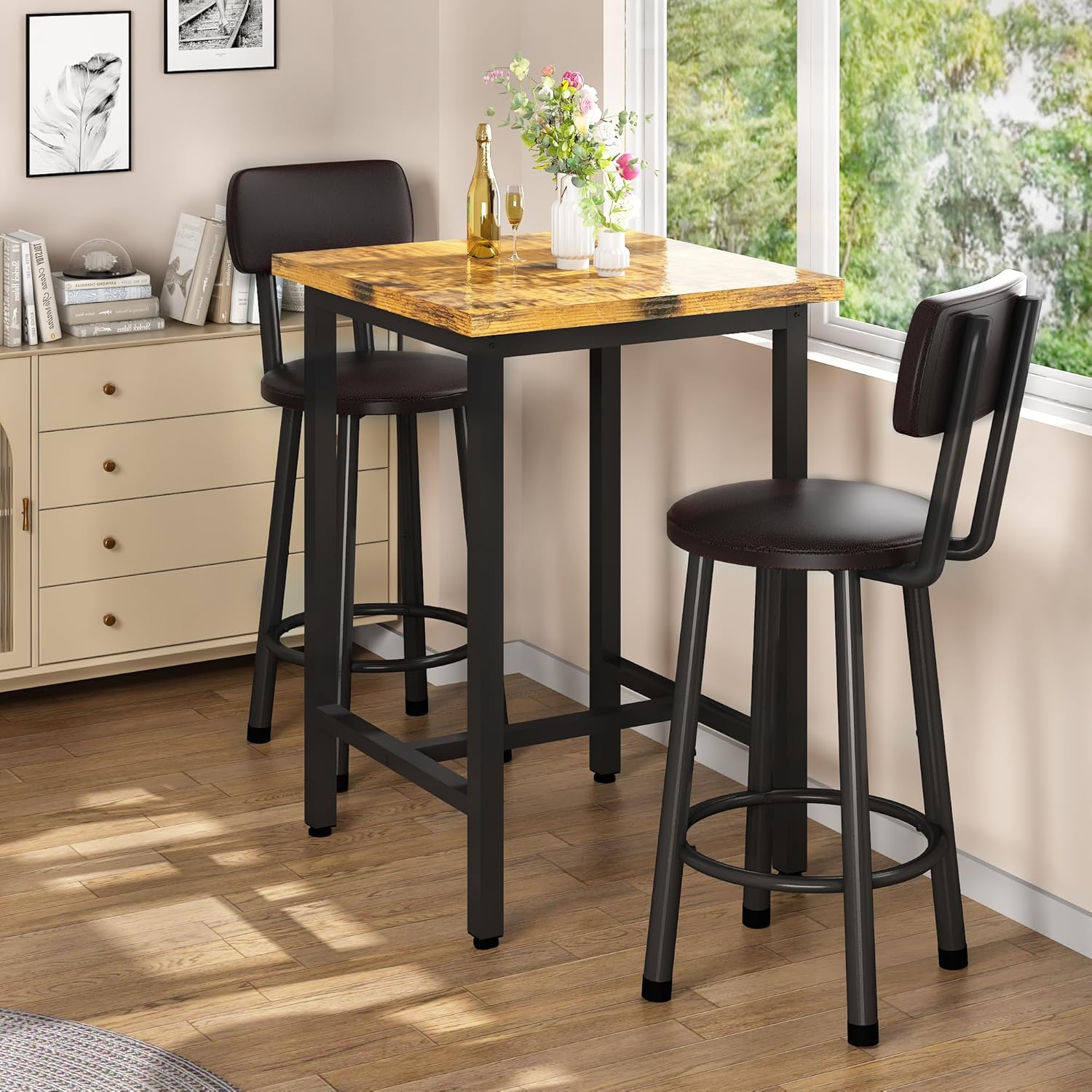 Recaceik 3 Piece Pub Dining Set, Modern bar Table and Stools for 2 Kitchen Counter Height Wood Top Bistro Easy Assemble for Breakfast Nook Living Room Small Space Restaurant, Rustic Brown 24”