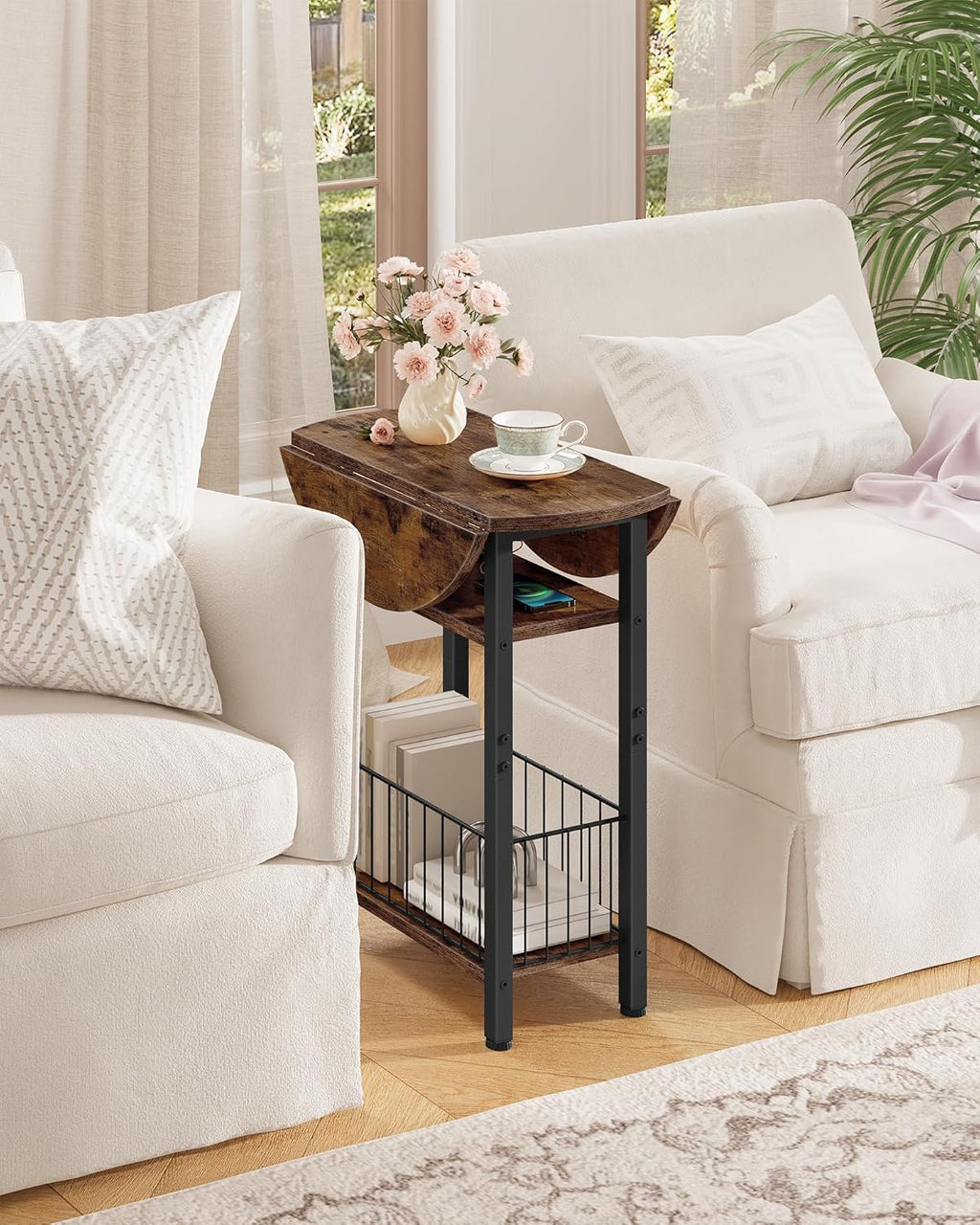 Folding Side Table with Charging Station, 3-Tier Narrow End Couch Table with Folding Top, Storage Basket, Round Side Table for Small Spaces, for Sofa Living Room, Bedroom, Rustic Brown TBZ10UBF