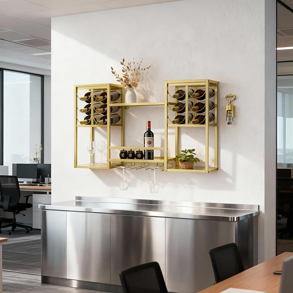 Wall-Mounted Wine Rack Tiered, Bistro Metal Hanging Bar Shelf, Floating Liquor Shelves with Glass Holders for Bars Club Home, Gold