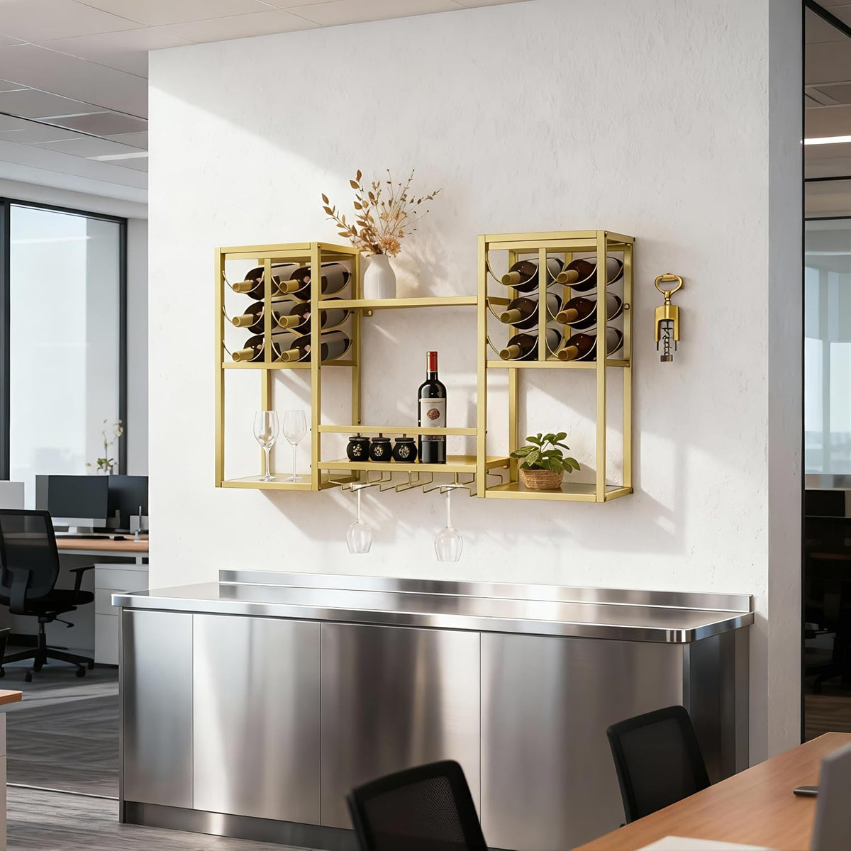 Wall-Mounted Wine Rack Tiered, Bistro Metal Hanging Bar Shelf, Floating Liquor Shelves with Glass Holders for Bars Club Home, Gold