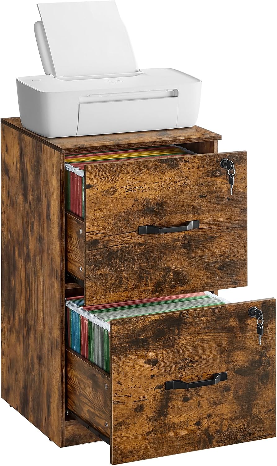 VASAGLE Custos Collection - 2 Drawers File Cabinet with Lock, Printer Stand, Office Filing Cabinet Organizer, for A4 and Letter Size Documents, Rustic Brown UOFC061K101S