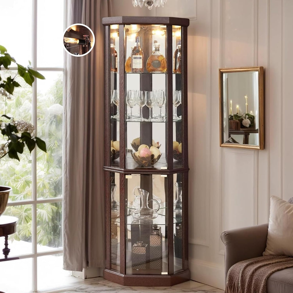 70" H Lighted Corner Curio Cabinet, Glass Display Cage with Tempered Glass Doors and 5 Adjustable Shelves, Wine Cabinet Storage Rack for Bar and Liquor Storage (Dark Cherry)