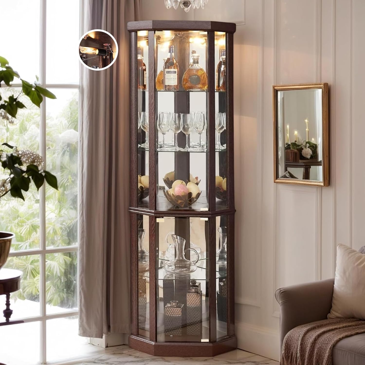 70" H Lighted Corner Curio Cabinet, Glass Display Cage with Tempered Glass Doors and 5 Adjustable Shelves, Wine Cabinet Storage Rack for Bar and Liquor Storage (Dark Cherry)