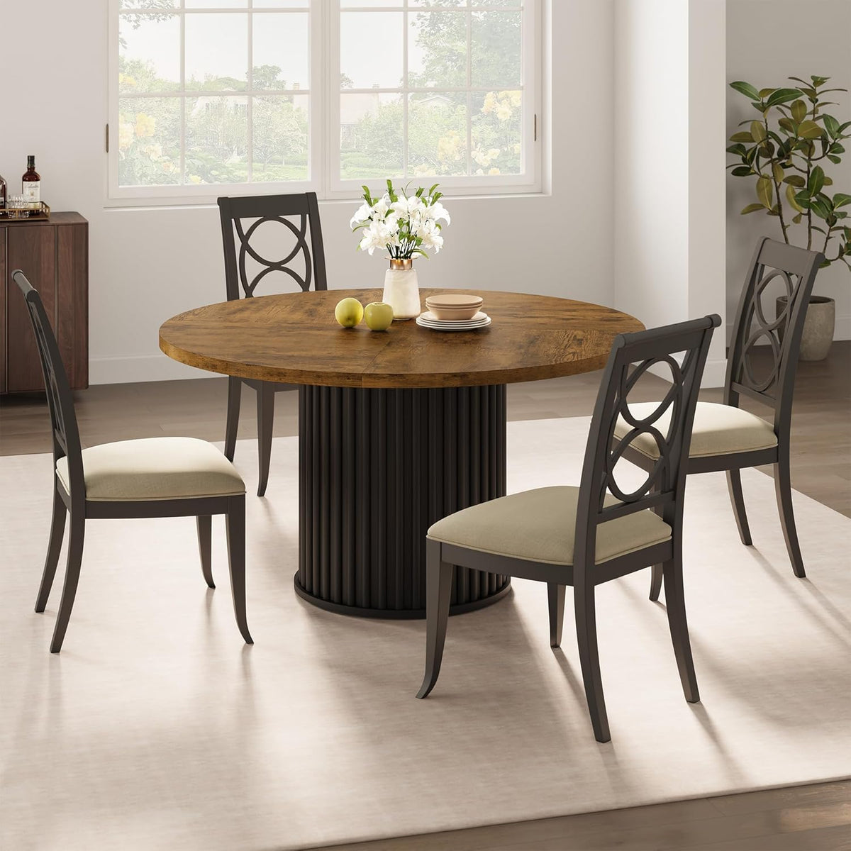 GarveeHome 47" Round Dining Table for 4-6 People, Dining Room Table with Sturdy Waveform Metal Pedestal Base, Farmhouse Circle Kitchen Table for Dining Room, Kitchen