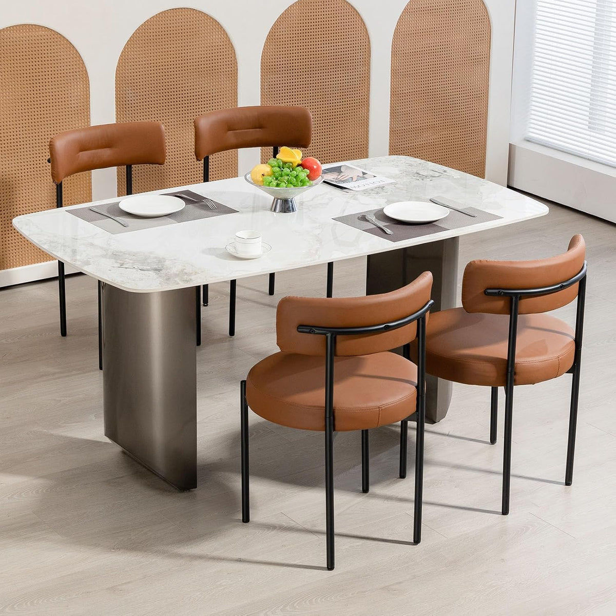 AVAWING Brown Faux Leather Dining Chairs Set of 4, Modern Kitchen Chairs with Black Metal Legs and Curved Backrest, Round Dining Room Chairs for Dining Room and Kitchen